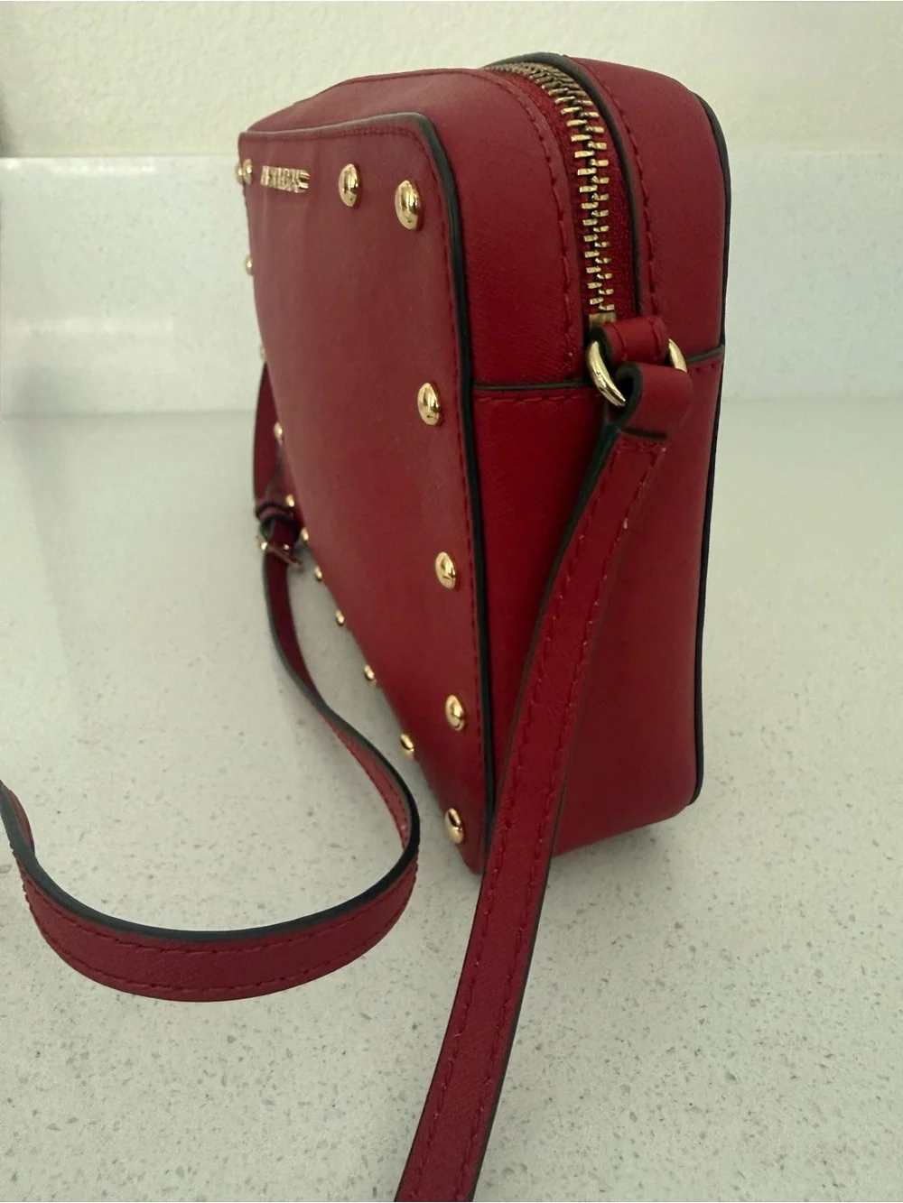 Michael Kors Red Sandrine Safffiano Leather Crossbody with Gold Studs